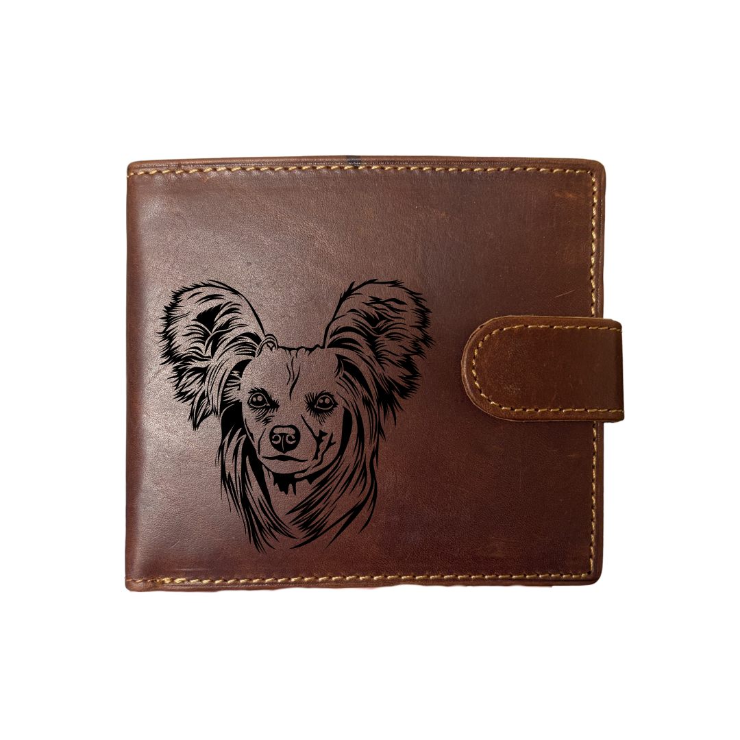 Personalised Chinese Crested Dog Face Engraved Dark Tan Genuine Leather Wallet