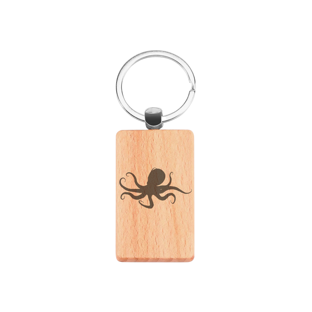 Octopus Silhouette P Engraved Rectangle Wooden Keyring