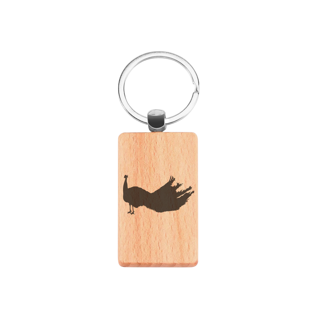 Peacock Silhouette P Engraved Rectangle Wooden Keyring