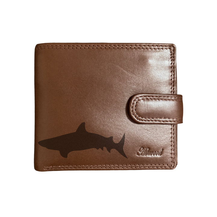 Personalised Shark Silhouette Engraved Dark Tan Genuine Leather Wallet