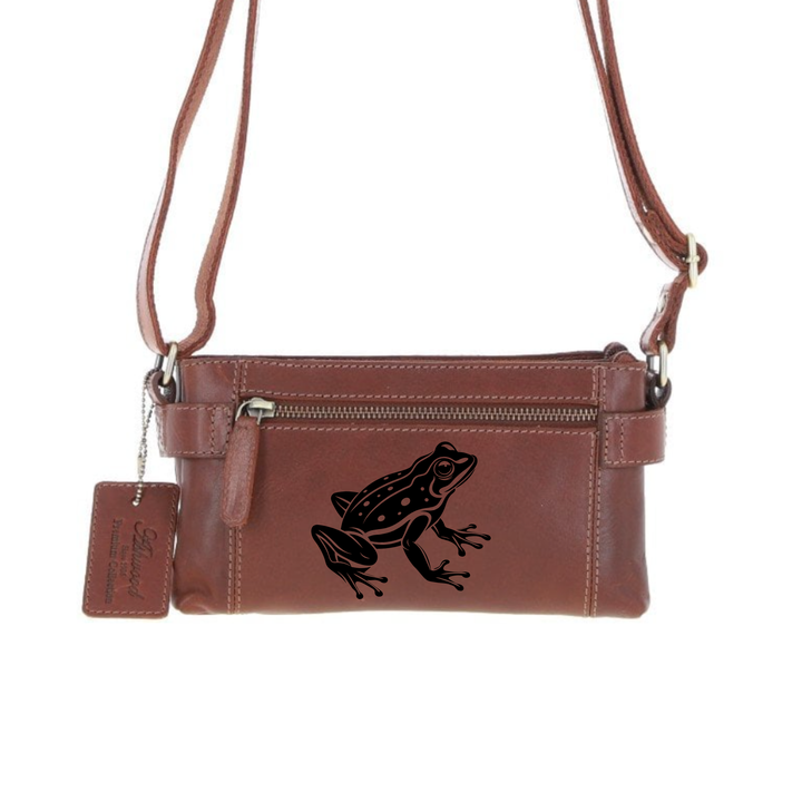 Personalised Frog Engraved Small Leather Two Section Zip Top Crossbody Bag