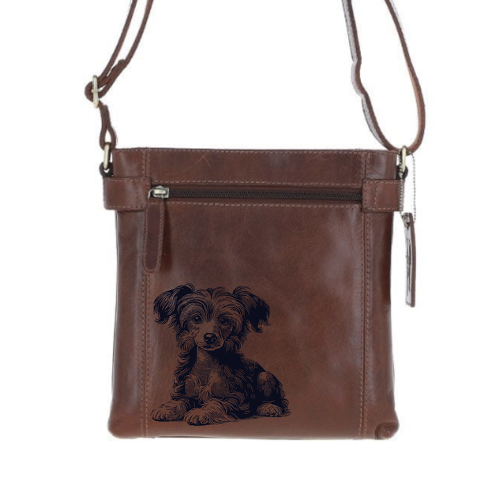Chinese Crested Dog Lying Down Engraved Leather Two Section Zip Top Crossbody Bag