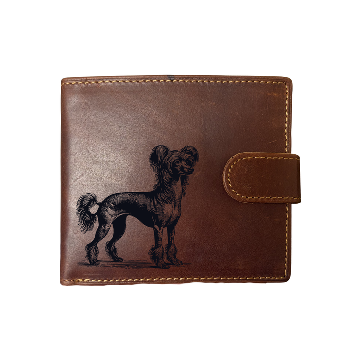 Personalised Chinese Crested Dog Standing Engraved Dark Tan Genuine Leather Wallet