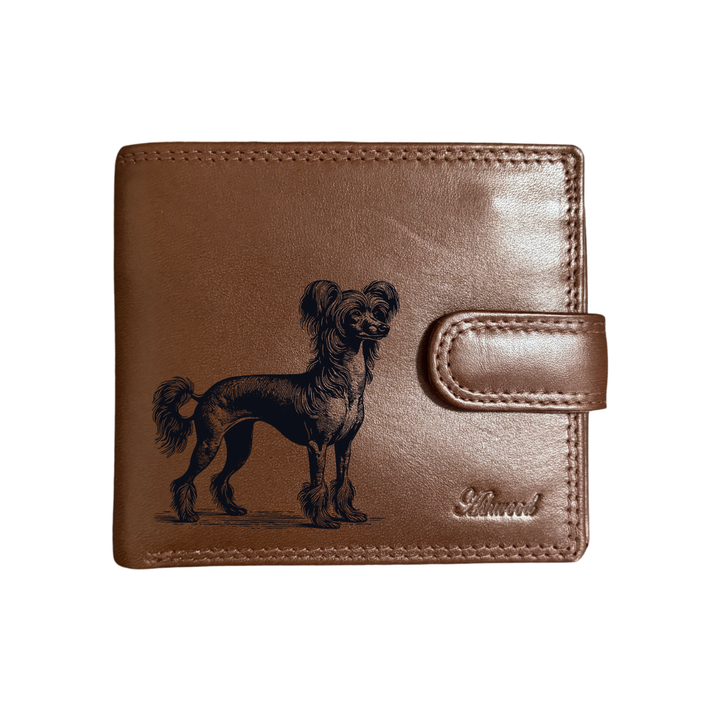 Personalised Chinese Crested Dog Standing Engraved Dark Tan Genuine Leather Wallet