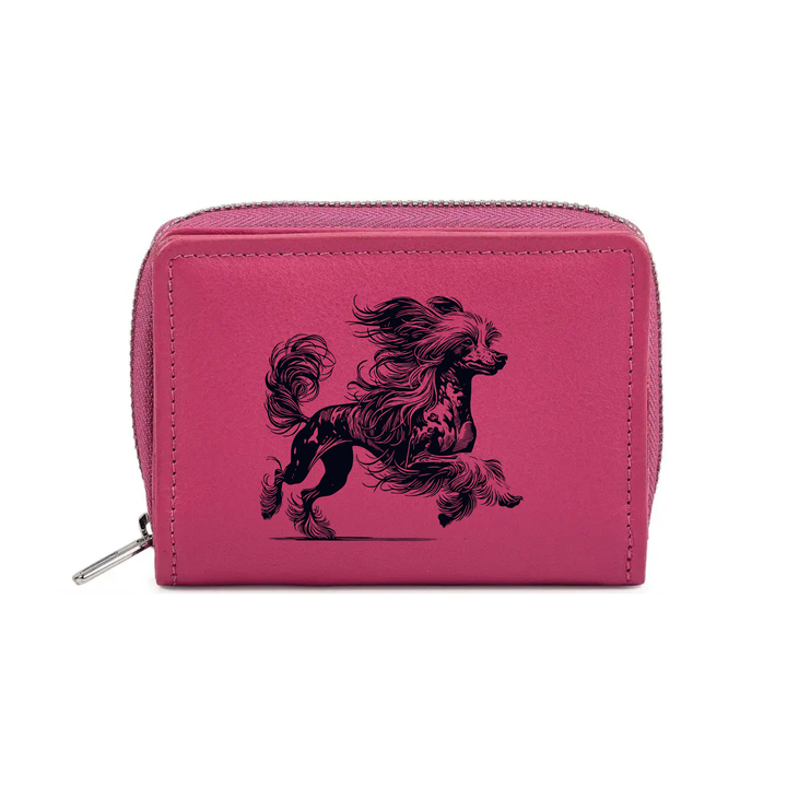 Chinese Crested Dog Running Engraved Small Leather Purse (Green/Pink/Blue/Red)