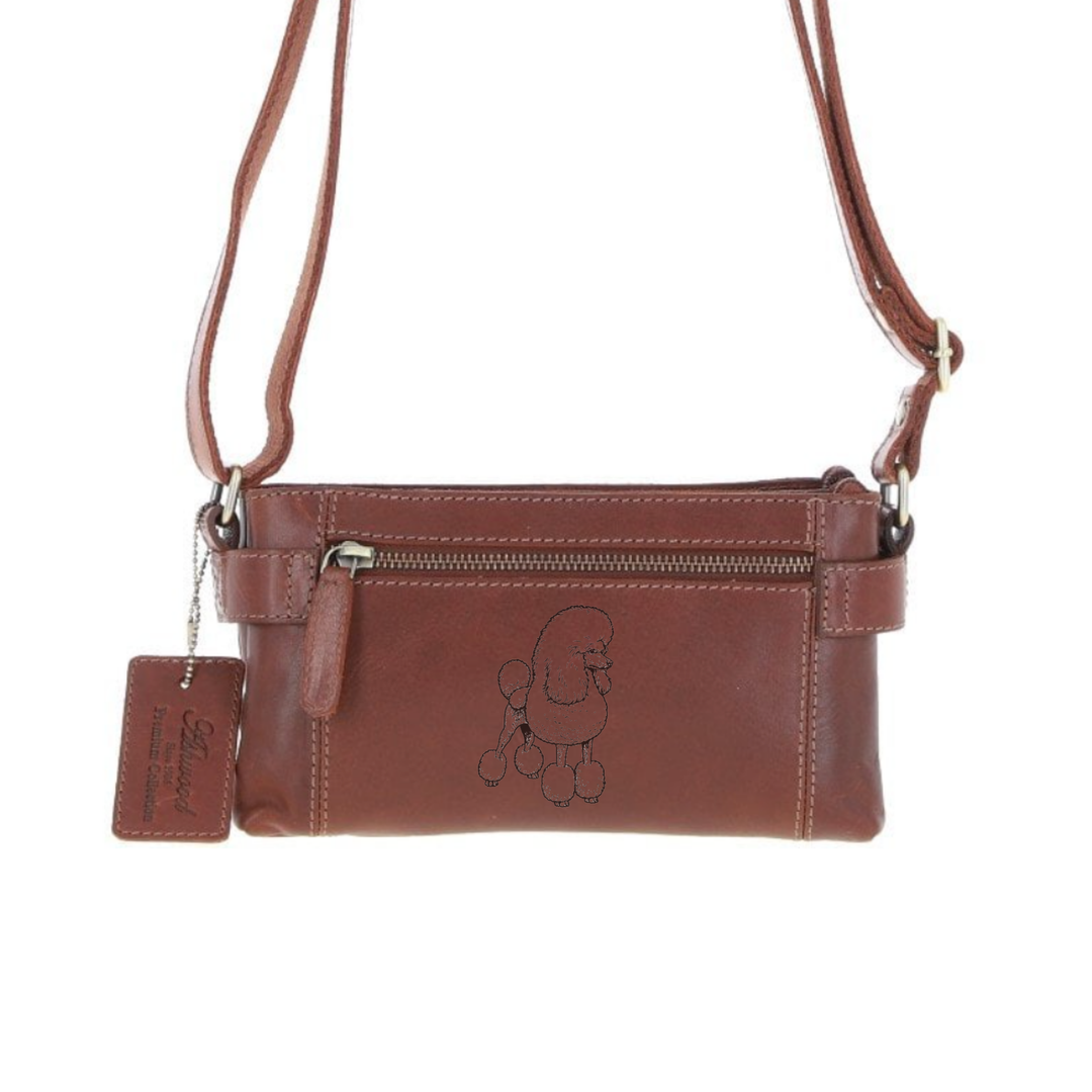 Personalised Standing L Poodle Engraved Small Leather Two Section Zip Top Crossbody Bag