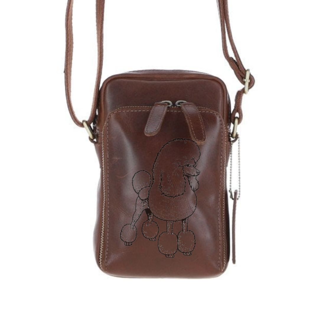 Personalised W Poodle Standing Leather Compact Crossbody Bag