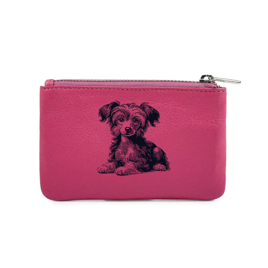 Chinese Crested Dog Lying Down Engraved Genuine Leather Coin Purse (Multiple Colour Options)