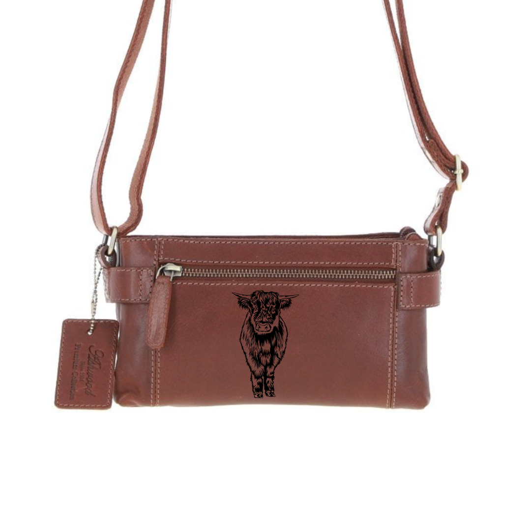 Personalised Highland Cow Standing Engraved Small Leather Two Section Zip Top Crossbody Bag