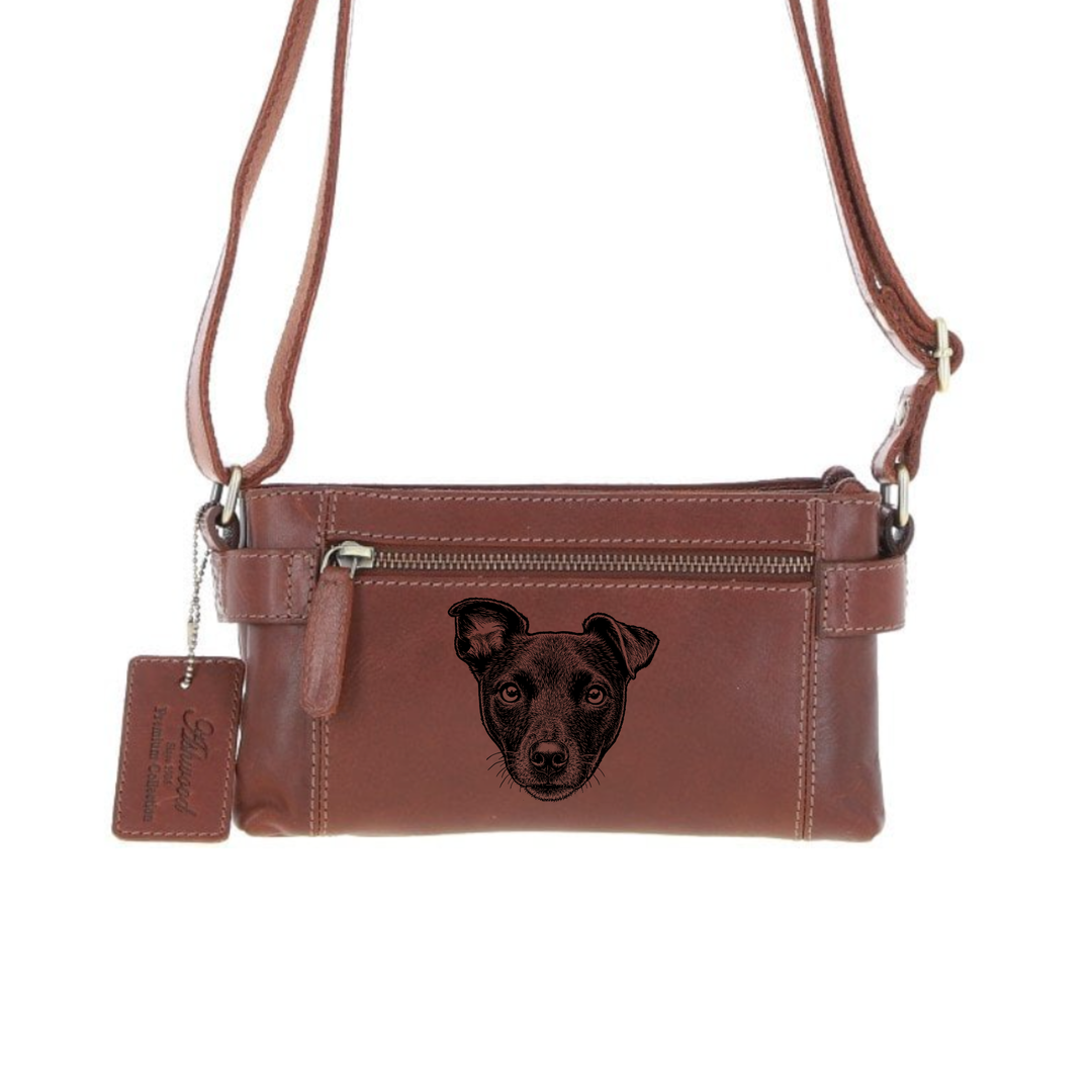 Personalised Patterdale Terrier Face Engraved Small Leather Two Section Zip Top Crossbody Bag