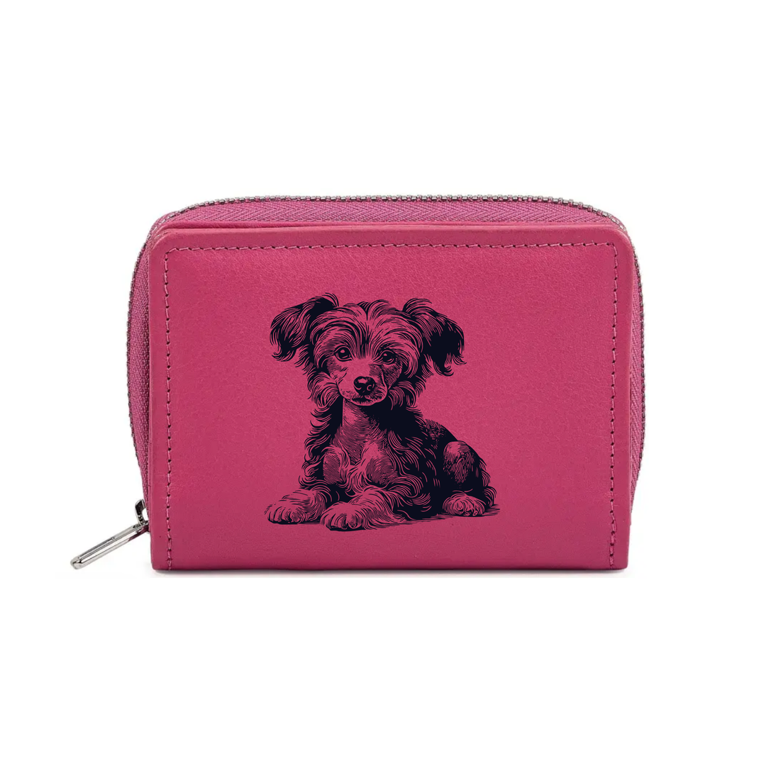 Chinese Crested Dog Lying Down Engraved Small Leather Purse (Green/Pink/Blue/Red)