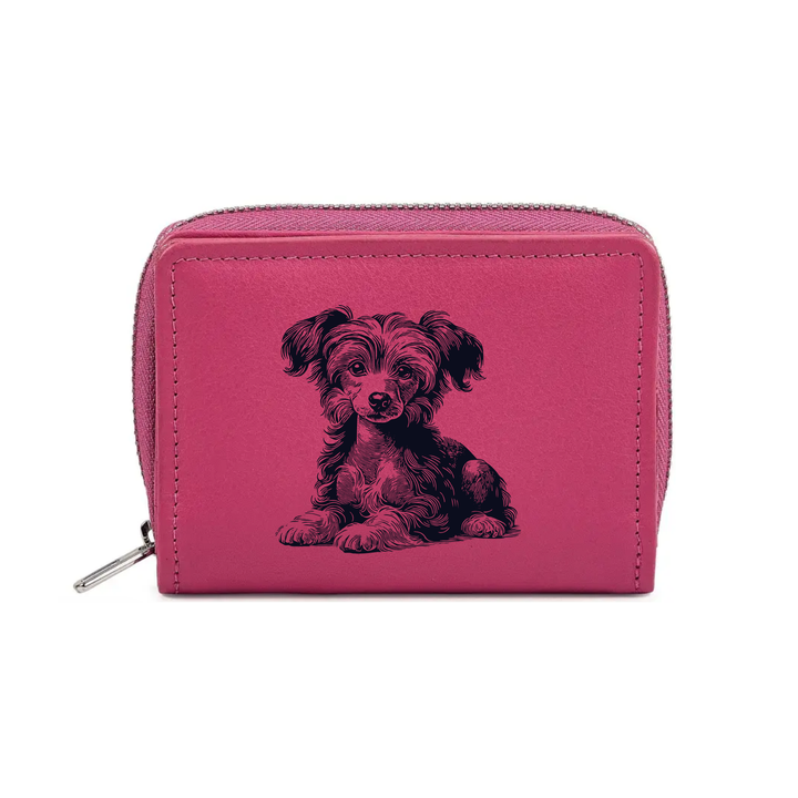 Chinese Crested Dog Lying Down Engraved Small Leather Purse (Green/Pink/Blue/Red)
