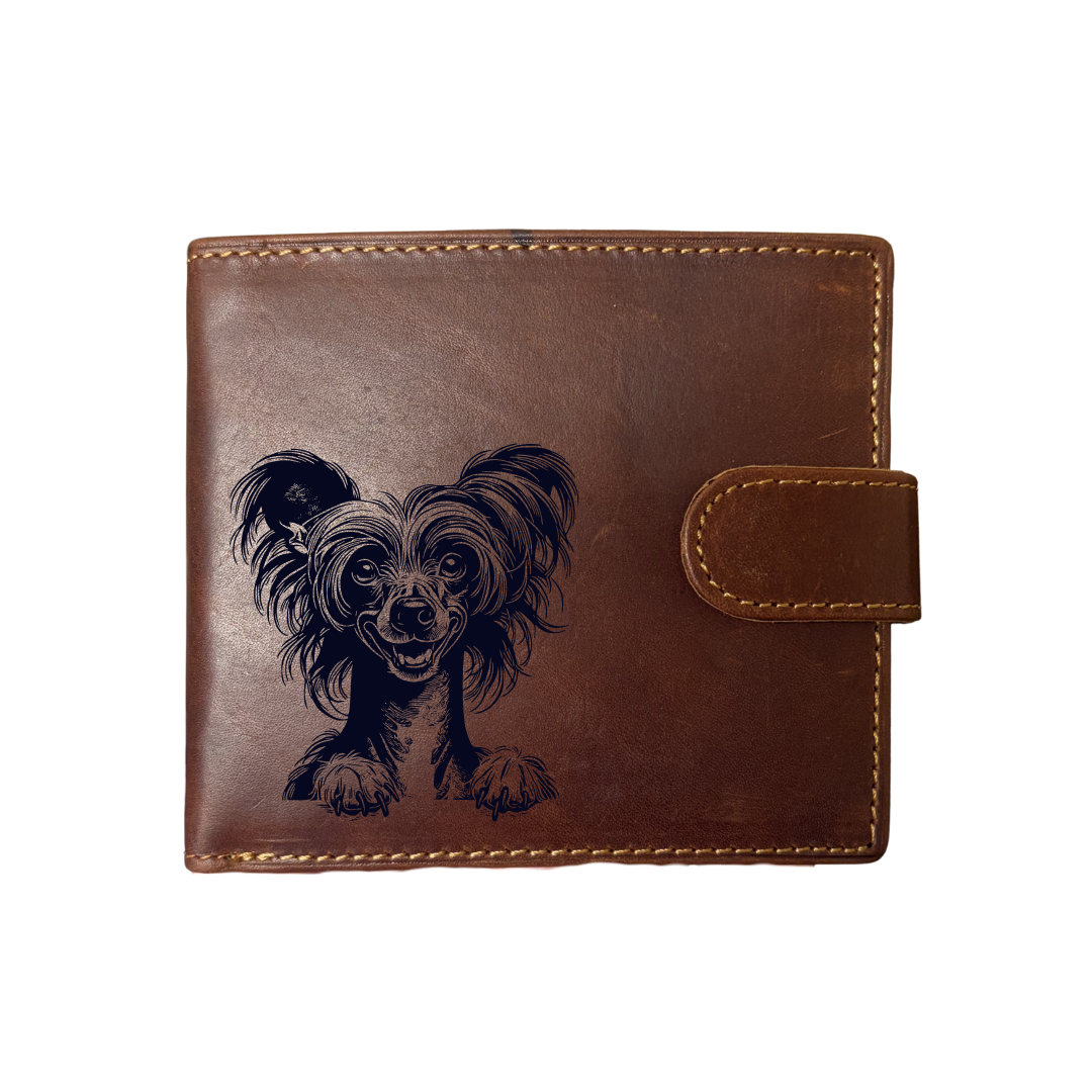 Personalised Chinese Crested Dog Paws Engraved Dark Tan Genuine Leather Wallet