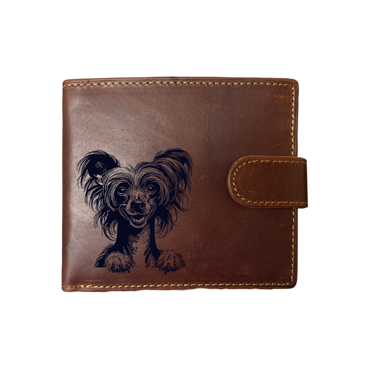 Personalised Chinese Crested Dog Paws Engraved Dark Tan Genuine Leather Wallet