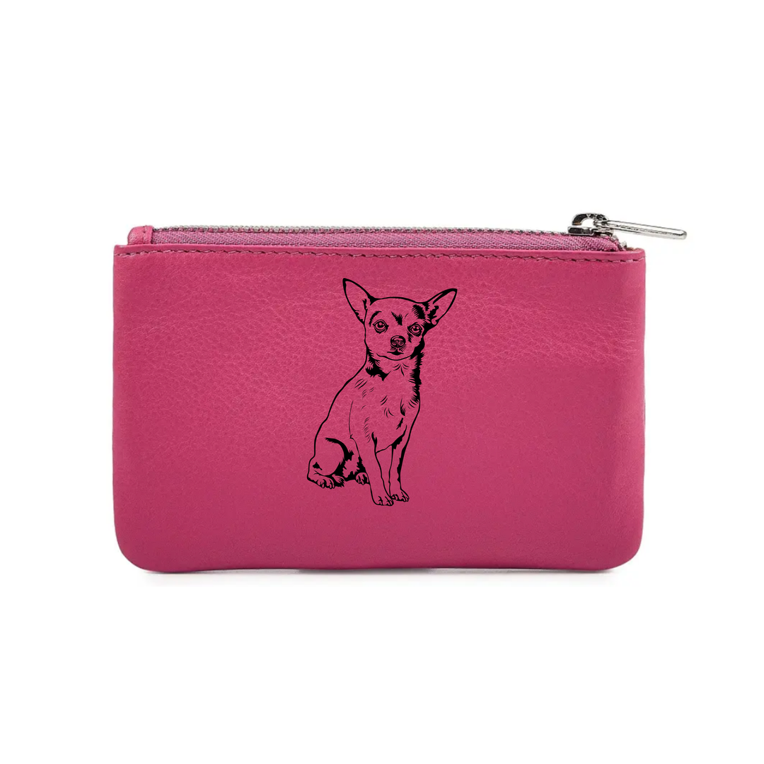 W Chihuahua Sitting Engraved Genuine Leather Coin Purse (Multiple Colour Options)
