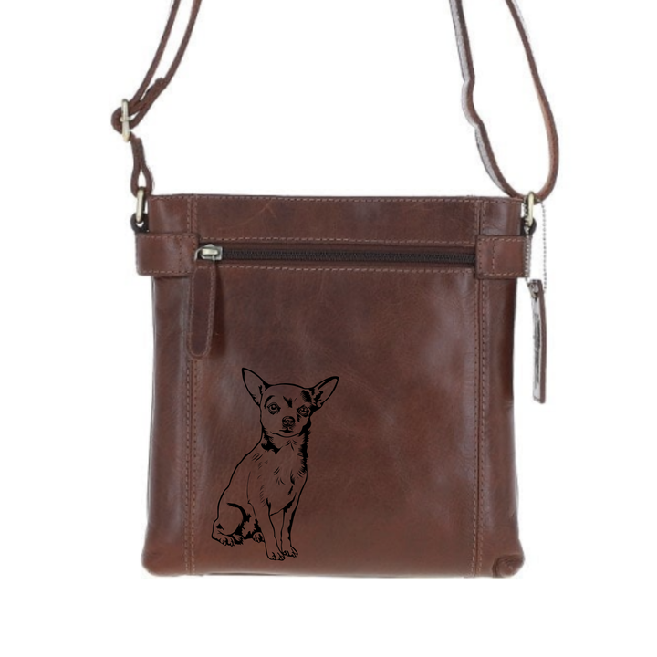 W Chihuahua Engraved Leather Two Section Zip Top Crossbody Bag