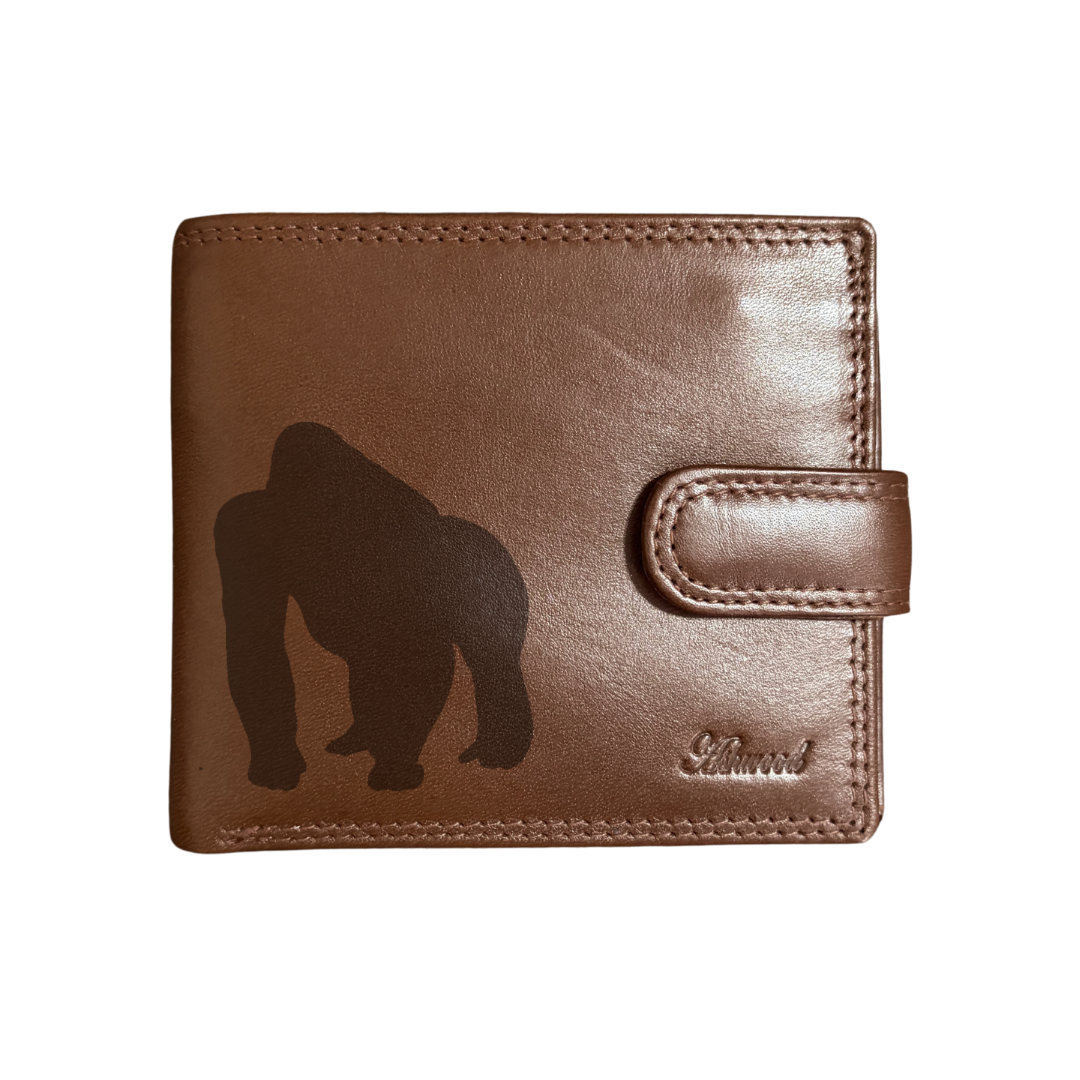 Personalised Gorilla Silhouette Engraved Dark Tan Genuine Leather Wallet