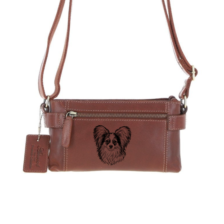 Personalised Papillon Face Engraved Small Leather Two Section Zip Top Crossbody Bag