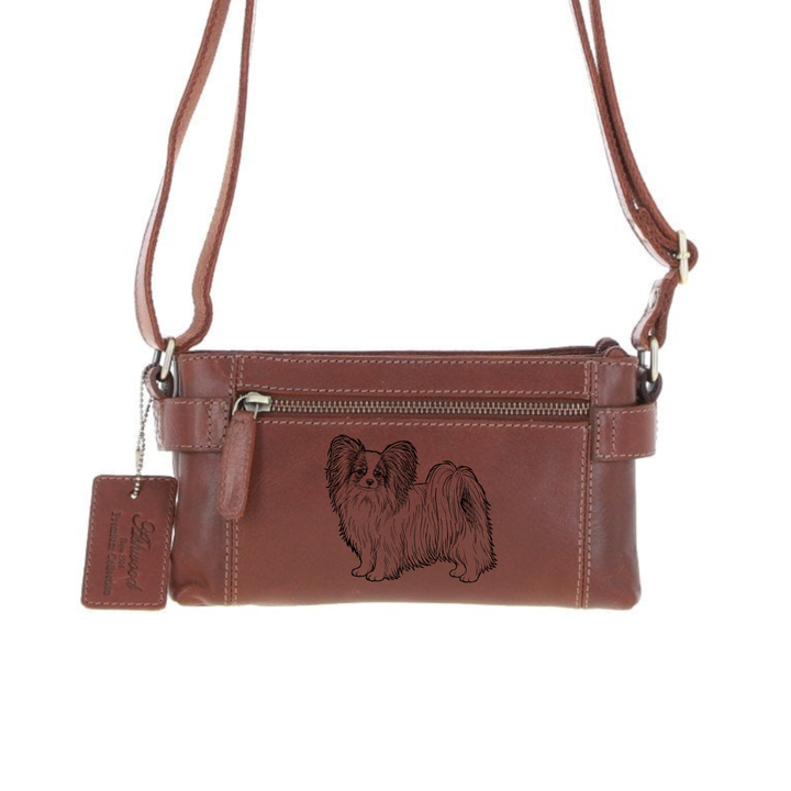 Personalised Papillon Standing Engraved Small Leather Two Section Zip Top Crossbody Bag