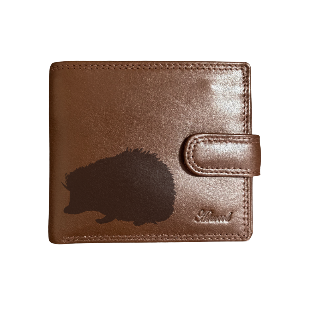 Personalised Hedgehog Silhouette Engraved Dark Tan Genuine Leather Wallet