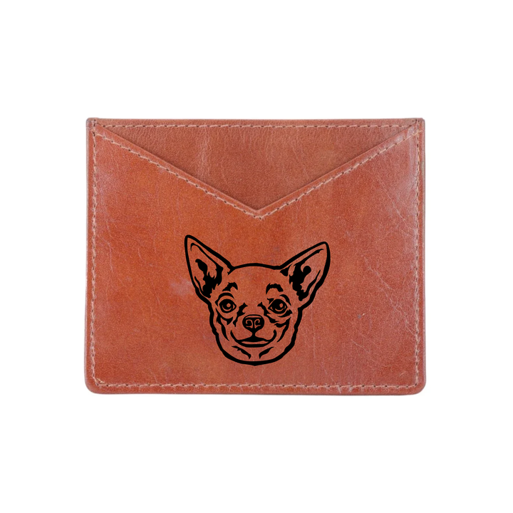 W Chihuahua Face Engraved Genuine Leather Cardholder