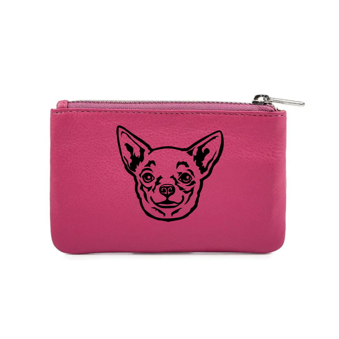 W Chihuahua Face Engraved Genuine Leather Coin Purse (Multiple Colour Options)