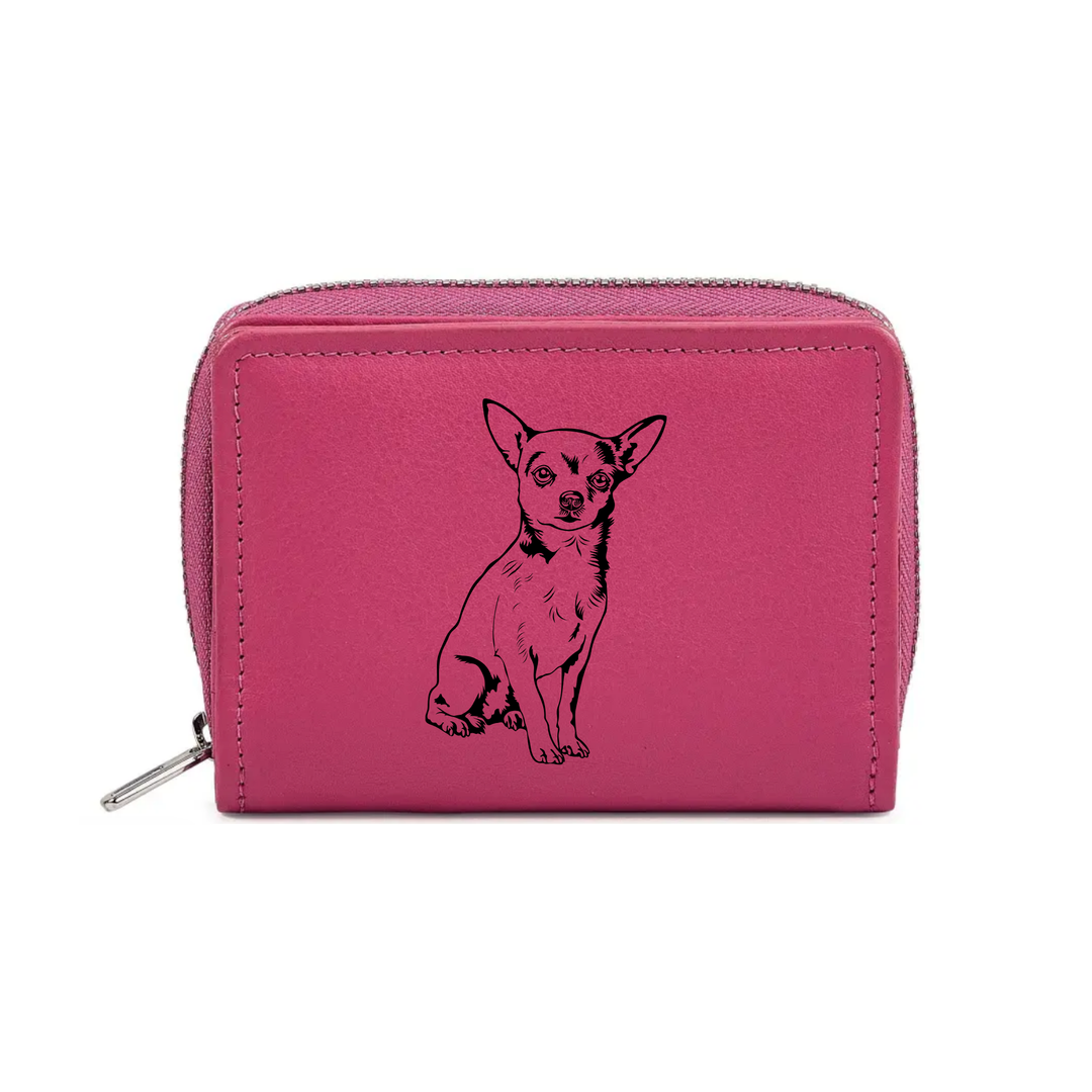 W Chihuahua Sitting Engraved Small Leather Purse (Green/Pink/Blue/Red)
