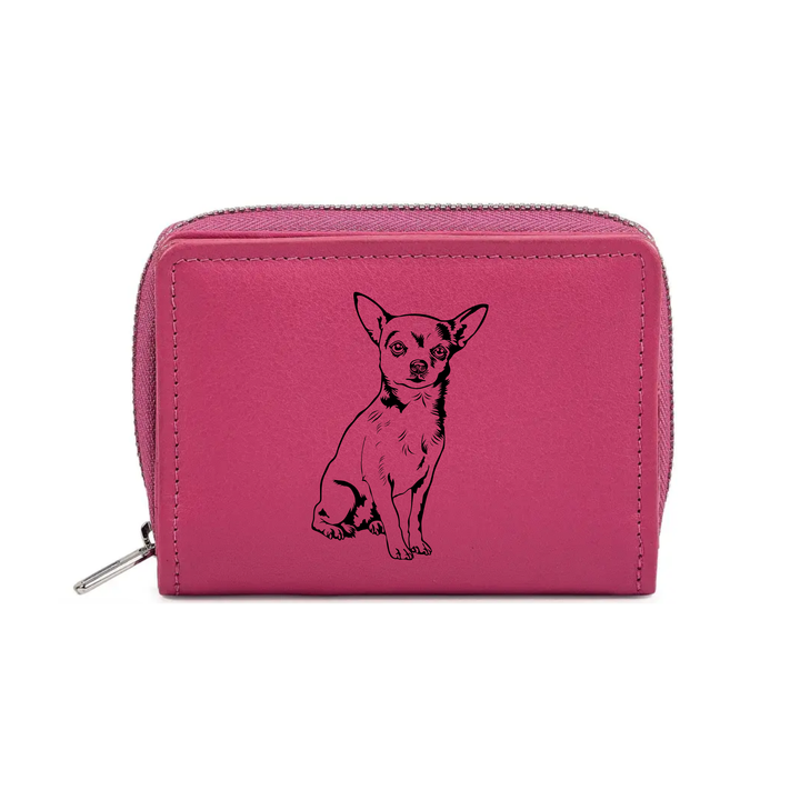 W Chihuahua Sitting Engraved Small Leather Purse (Green/Pink/Blue/Red)
