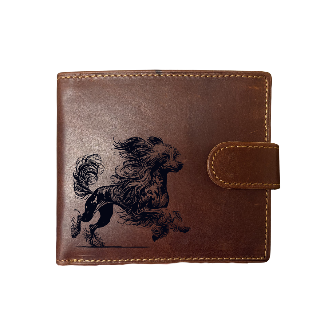 Personalised Chinese Crested Dog Running Engraved Dark Tan Genuine Leather Wallet