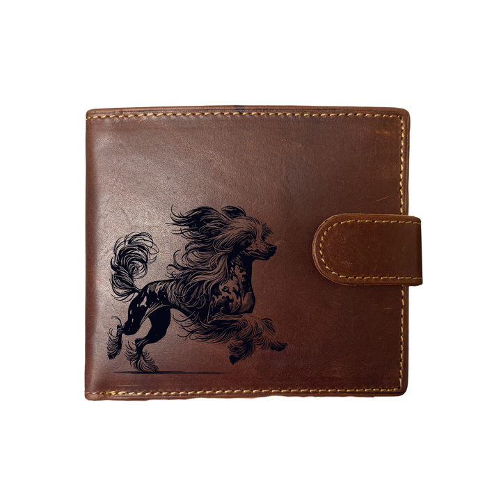 Personalised Chinese Crested Dog Running Engraved Dark Tan Genuine Leather Wallet