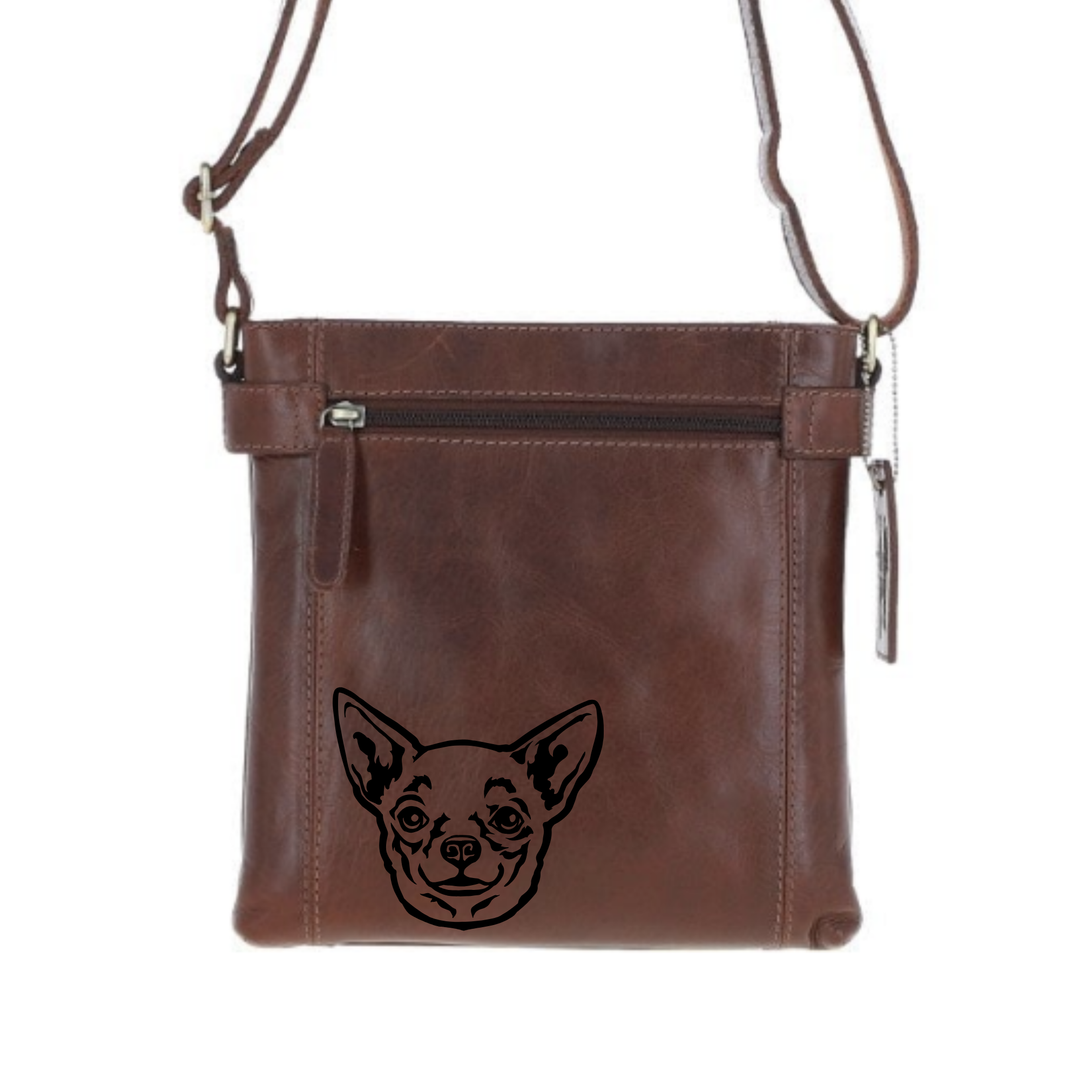 Chihuahua Face Engraved Leather Two Section Zip Top Crossbody Bag