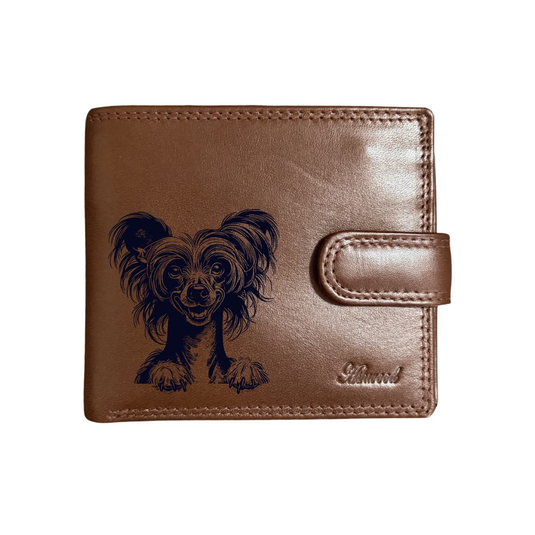 Personalised Chinese Crested Dog Paws Engraved Dark Tan Genuine Leather Wallet