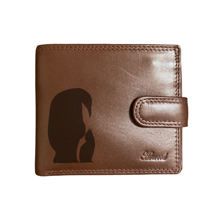 Personalised Penguin Family Silhouette Engraved Dark Tan Genuine Leather Wallet