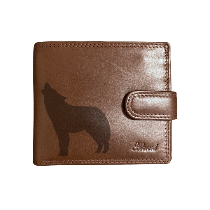 Personalised Wolf Silhouette Engraved Dark Tan Genuine Leather Wallet