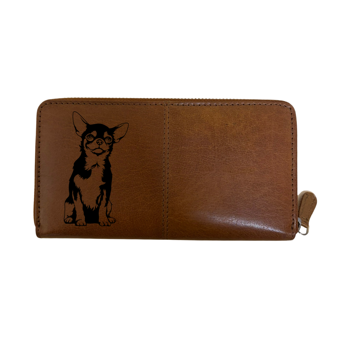 M Chihuahua Sitting Engraved Large Leather Purse
