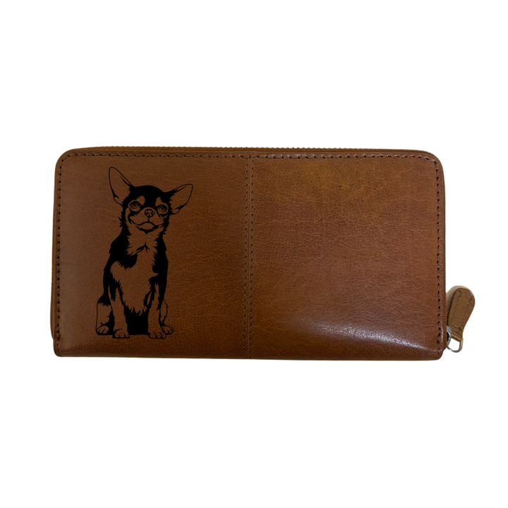 M Chihuahua Sitting Engraved Large Leather Purse