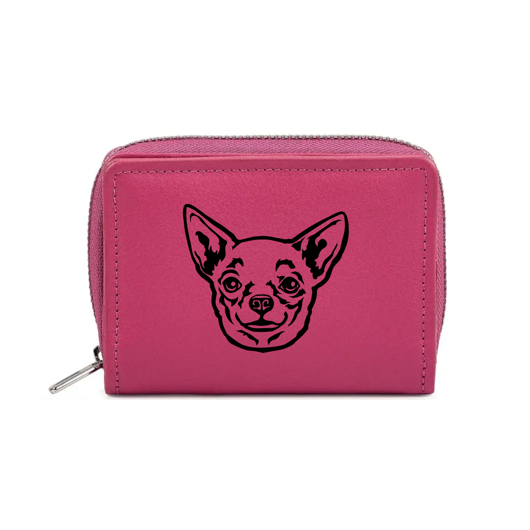 W Chihuahua Face Engraved Small Leather Purse (Green/Pink/Blue/Red)