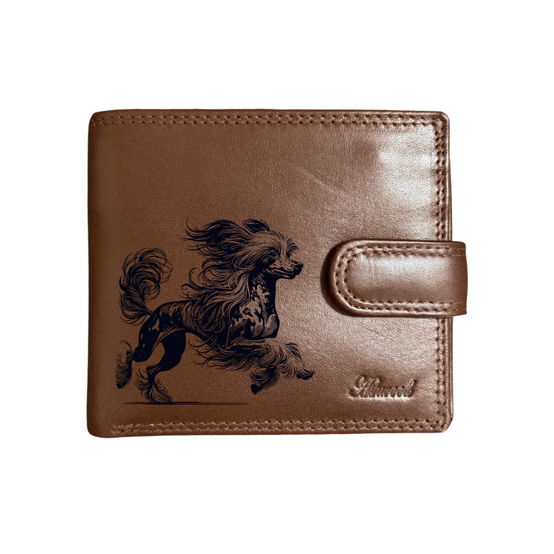 Personalised Chinese Crested Dog Running Engraved Dark Tan Genuine Leather Wallet
