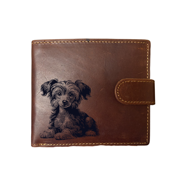 Personalised Chinese Crested Dog Puppy Engraved Dark Tan Genuine Leather Wallet
