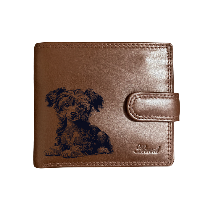 Personalised Chinese Crested Dog Puppy Engraved Dark Tan Genuine Leather Wallet