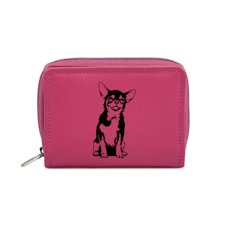 M Chihuahua Sitting Engraved Small Leather Purse (Green/Pink/Blue/Red)