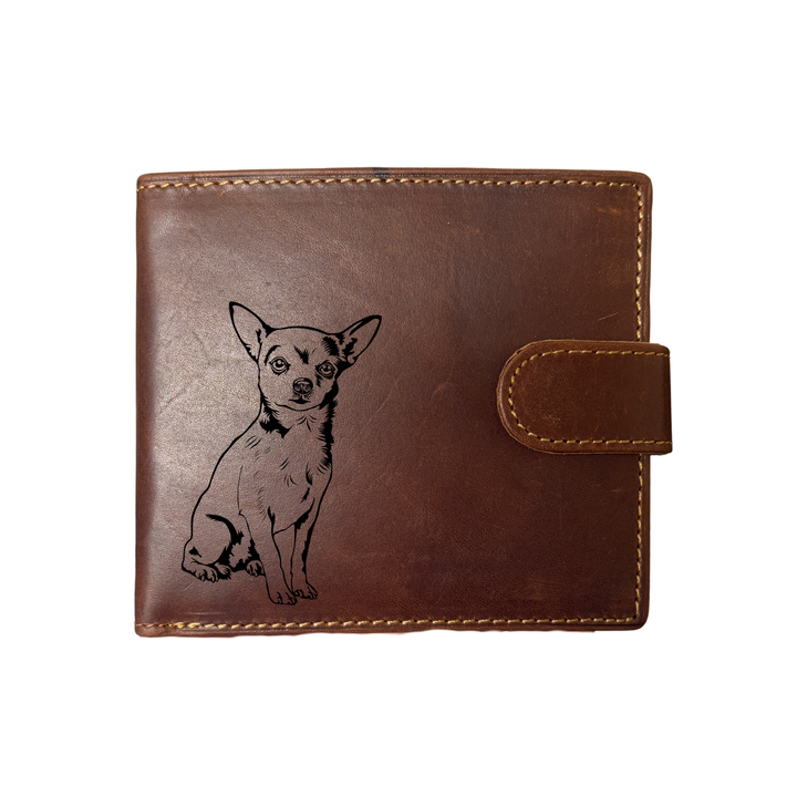 Personalised W Chihuahua Engraved Dark Tan Genuine Leather Wallet