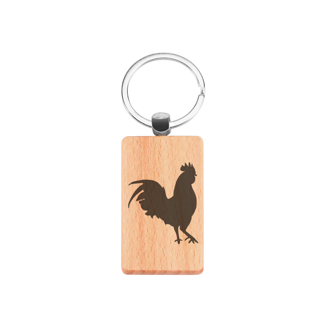 Rooster Silhouette p Engraved Rectangle Wooden Keyring