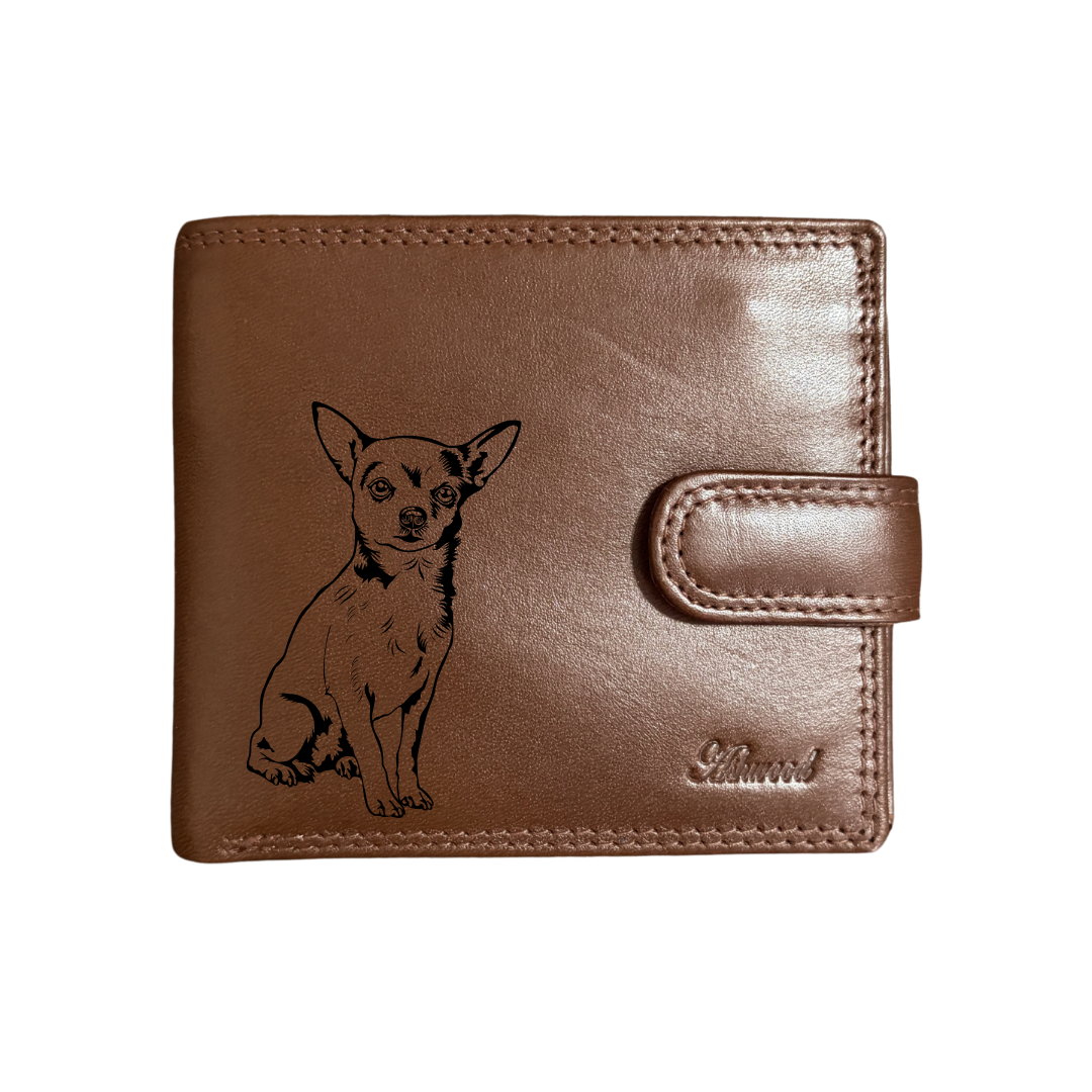 Personalised W Chihuahua Engraved Dark Tan Genuine Leather Wallet