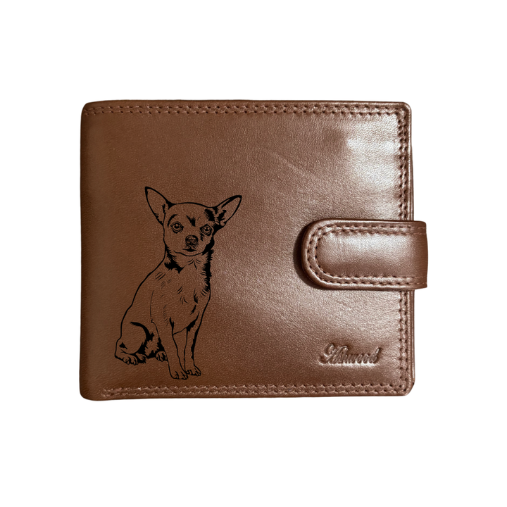 Personalised W Chihuahua Engraved Dark Tan Genuine Leather Wallet