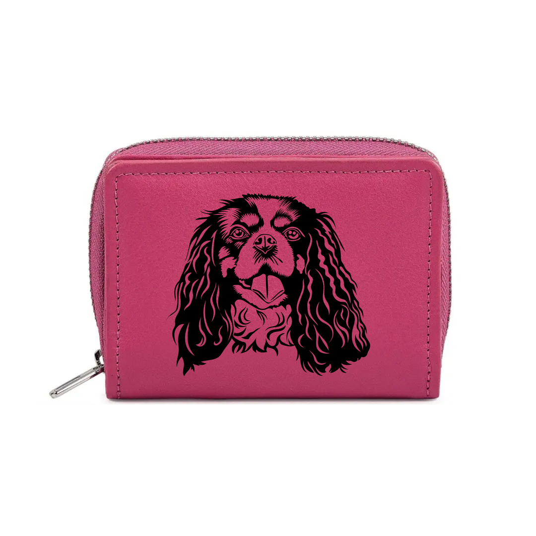 Cavalier King Charles Spaniel Face Engraved Small Leather Purse (Green/Pink/Blue/Red)