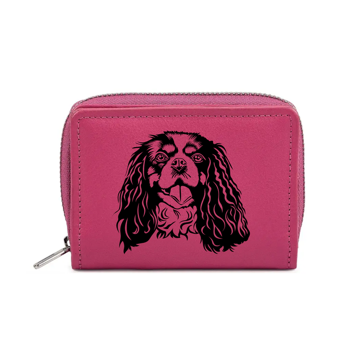 Cavalier King Charles Spaniel Face Engraved Small Leather Purse (Green/Pink/Blue/Red)