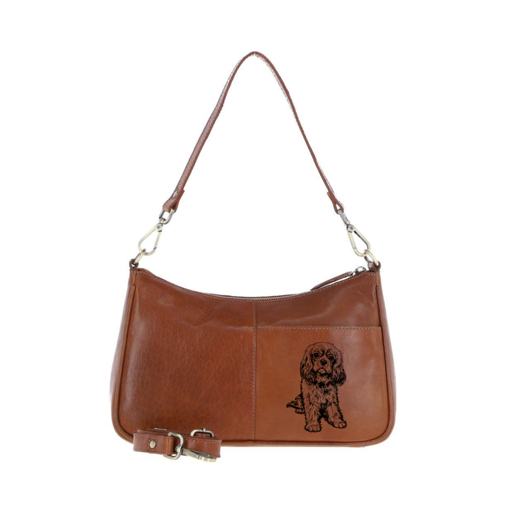 R Cavalier King Charles Spaniel Sitting Engraved Genuine Leather Shoulder Bag