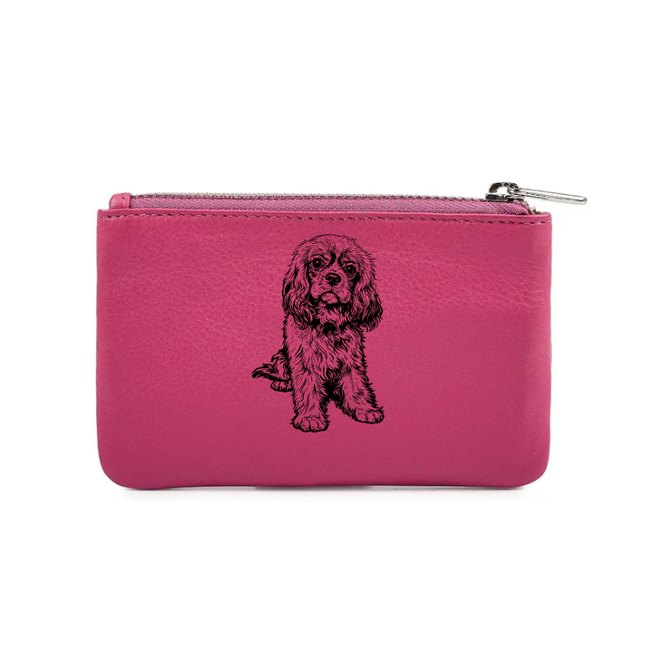 Cavalier King Charles Spaniel R Sitting Engraved Genuine Leather Coin Purse (Multiple Colour Options)