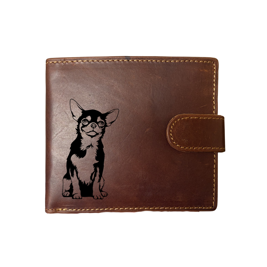 Personalised M Chihuahua Engraved Dark Tan Genuine Leather Wallet